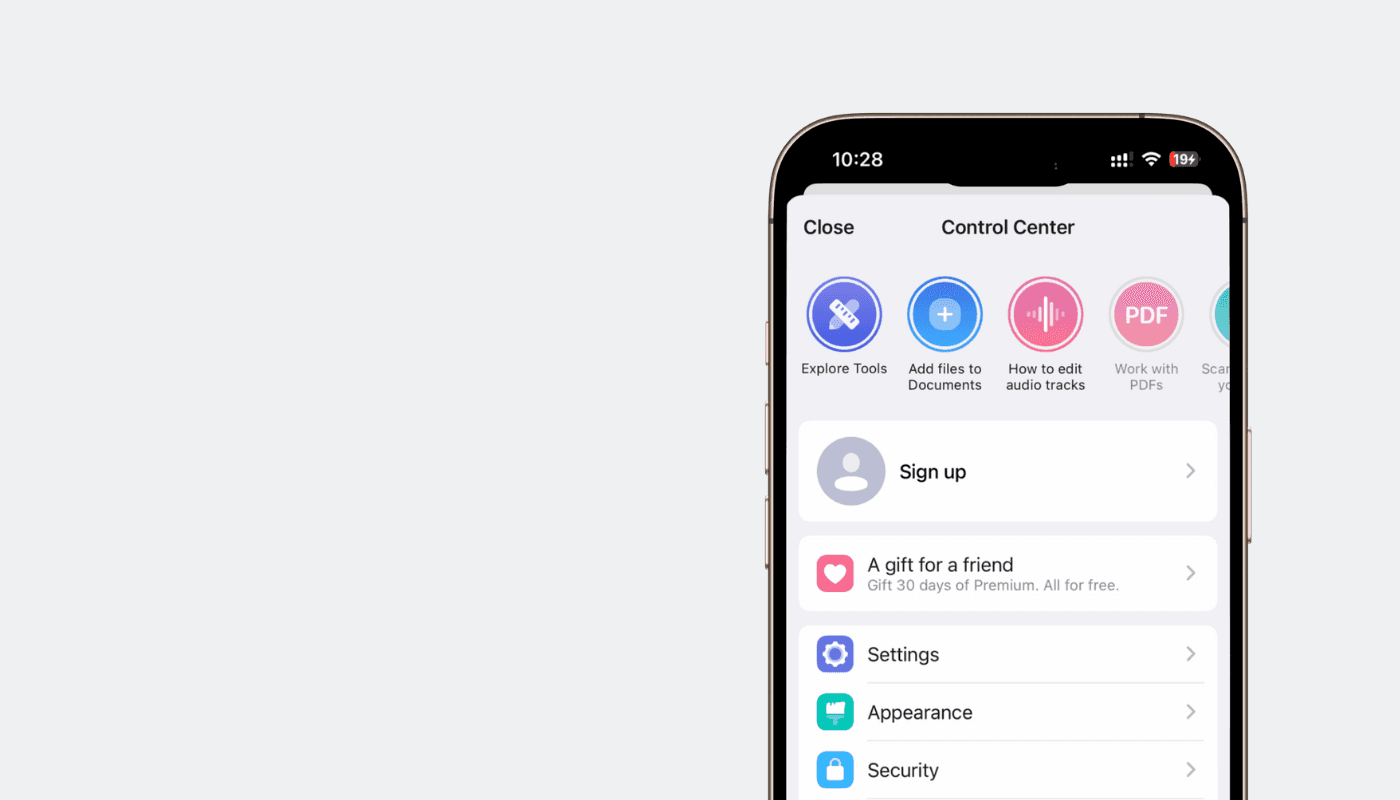 Documents app Settings showing Stories shortcuts in Control Center