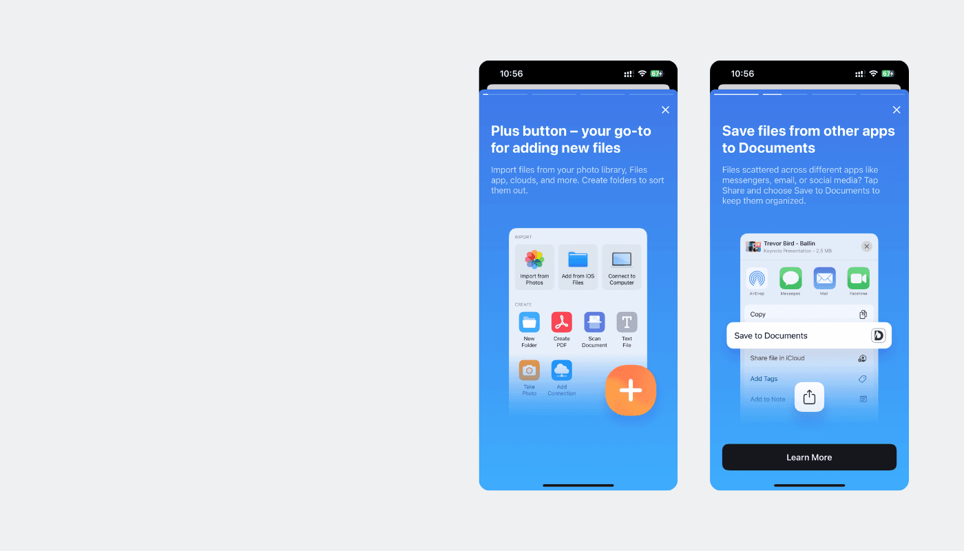 Story cards showing 'Plus button — your go-to for adding new files' and 'Save files from other apps to Documents'