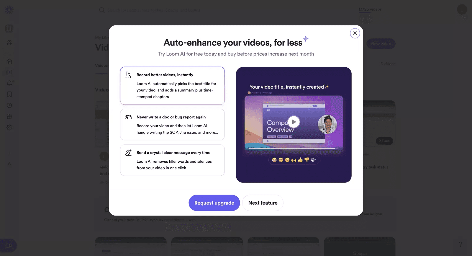 Loom upsell message combining text and video for AI feature upgrade