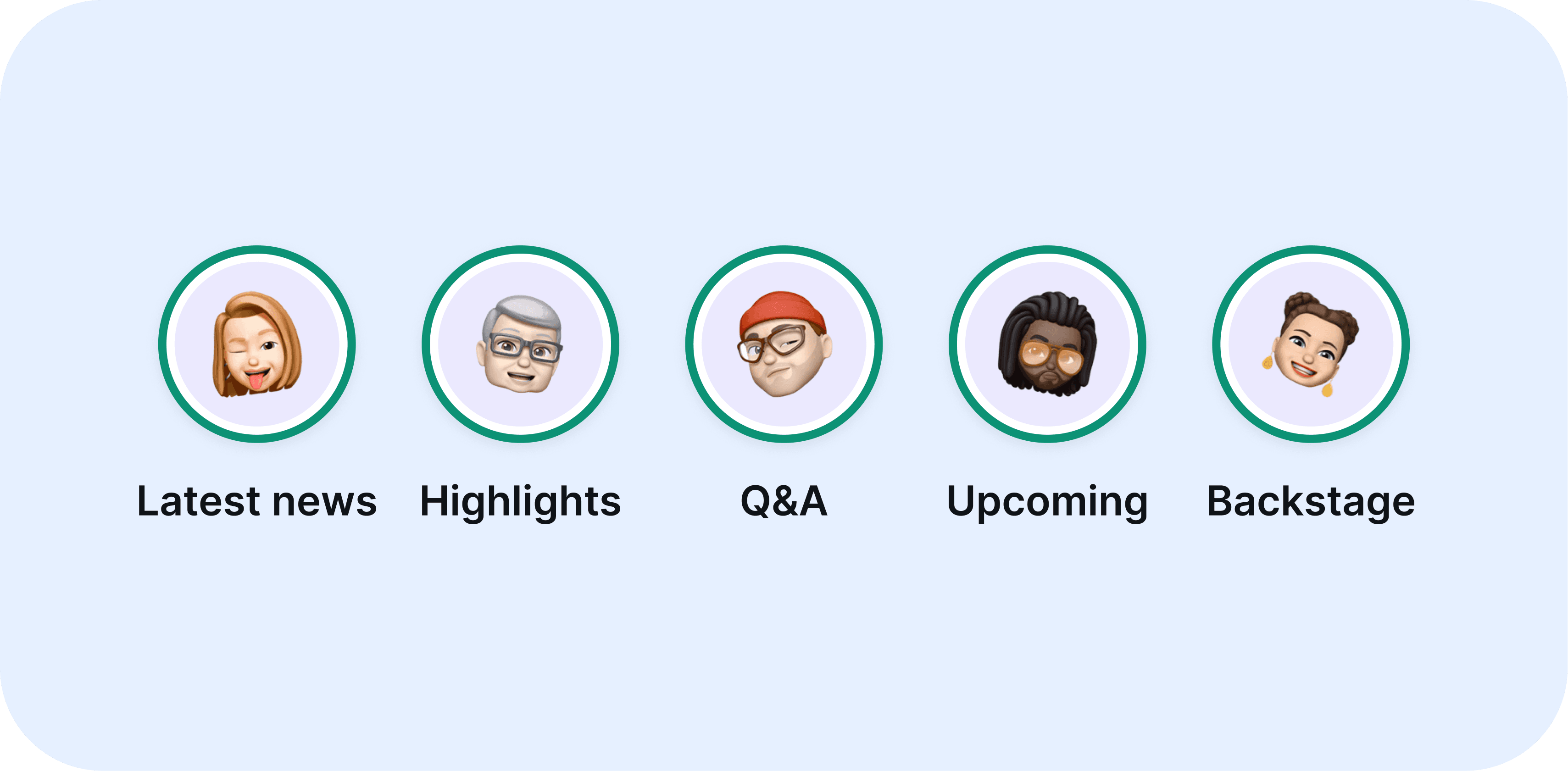 Coolstory widget showing story circles with avatars: Latest news, Highlights, Q&A, Upcoming, Backstage